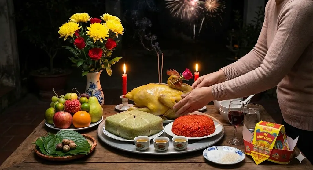 Bài cúng Giao thừa ngoài trời cần chuẩn bị mâm lễ trang nghiêm để kính cáo trời đất và tiễn năm cũ 