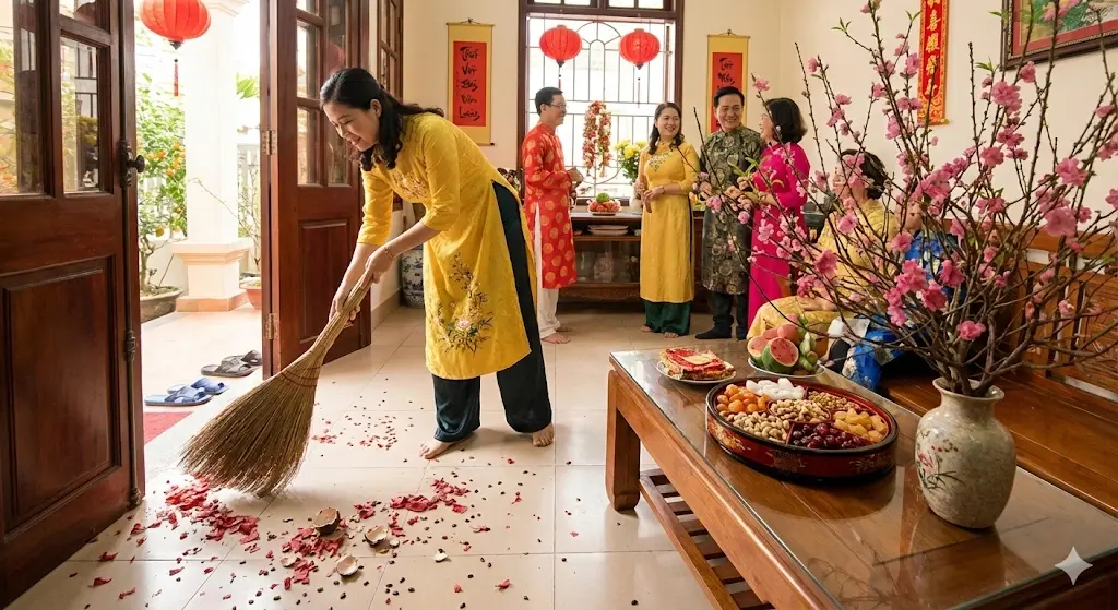 Chỉ nên quét vun rác vào góc nhà để giữ lộc, không được hót đổ đi. Chỉ nên quét vun rác vào góc nhà để giữ lộc, không được hót đổ đi.