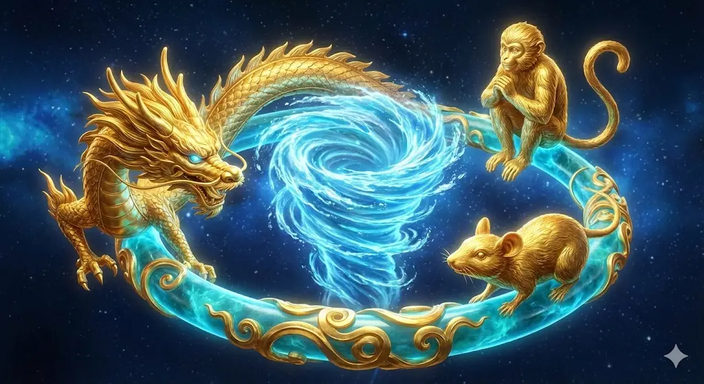 Sơ đồ minh họa bộ Thân Tý Thìn tam hợp, giải đáp câu hỏi tam hợp tuổi Tý gồm những con giáp nào. Sơ đồ minh họa bộ Thân Tý Thìn tam hợp, giải đáp câu hỏi tam hợp tuổi Tý gồm những con giáp nào.