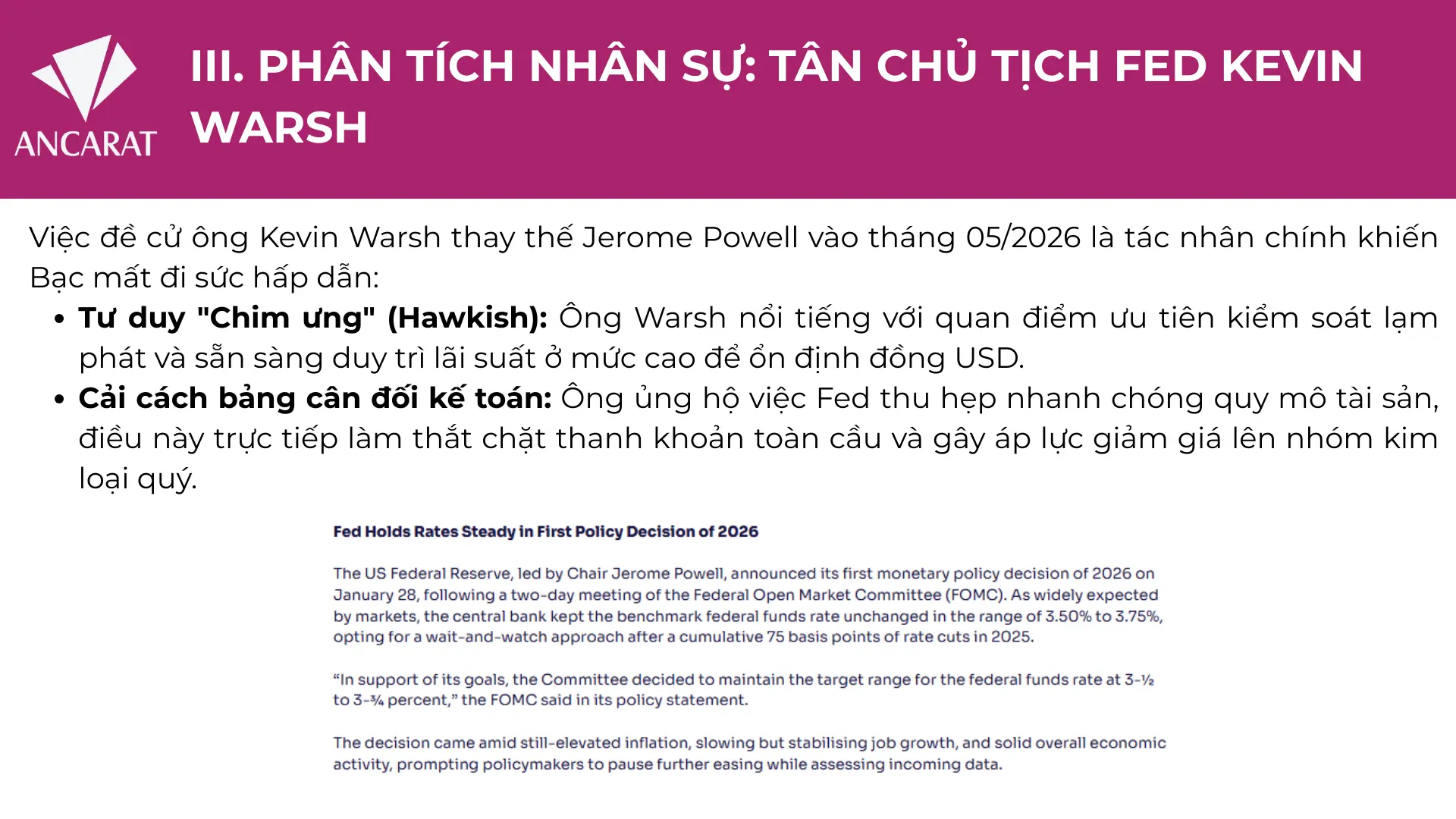 "Hiệu ứng Kevin Warsh": Việc đề cử tân Chủ tịch Fed có quan điểm "diều hâu" đã kích hoạt đợt bán tháo trên thị trường bạc toàn cầu do lo ngại chính sách tiền tệ thắt chặt.