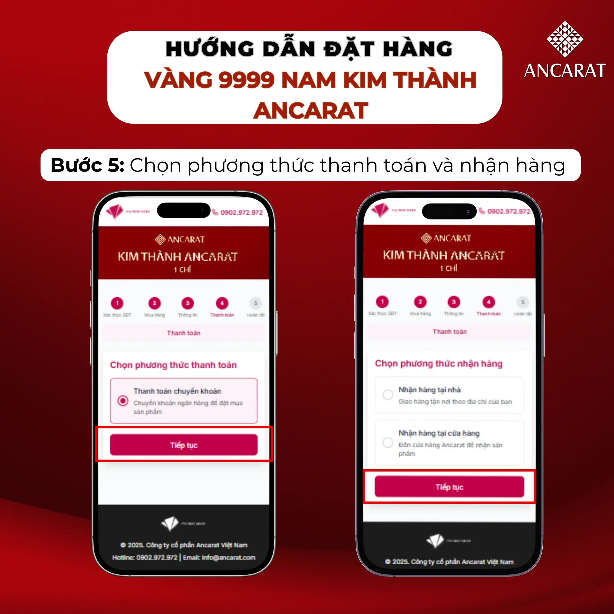 Bước 5: Chọn "Thanh toán chuyển khoản" và cách nhận vàng Ancarat (Tại nhà hoặc Cửa hàng).