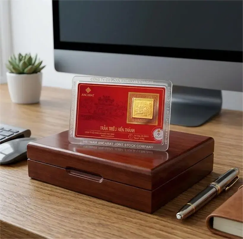 Với thiết kế vỉ ép 24k tinh gọn, Kim Ấn Trần Triều của Ancarat dễ dàng đồng hành cùng sếp trong ví tiền hoặc sổ tay làm việc. Với thiết kế vỉ ép 24k tinh gọn, Kim Ấn Trần Triều của Ancarat dễ dàng đồng hành cùng sếp trong ví tiền hoặc sổ tay làm việc.