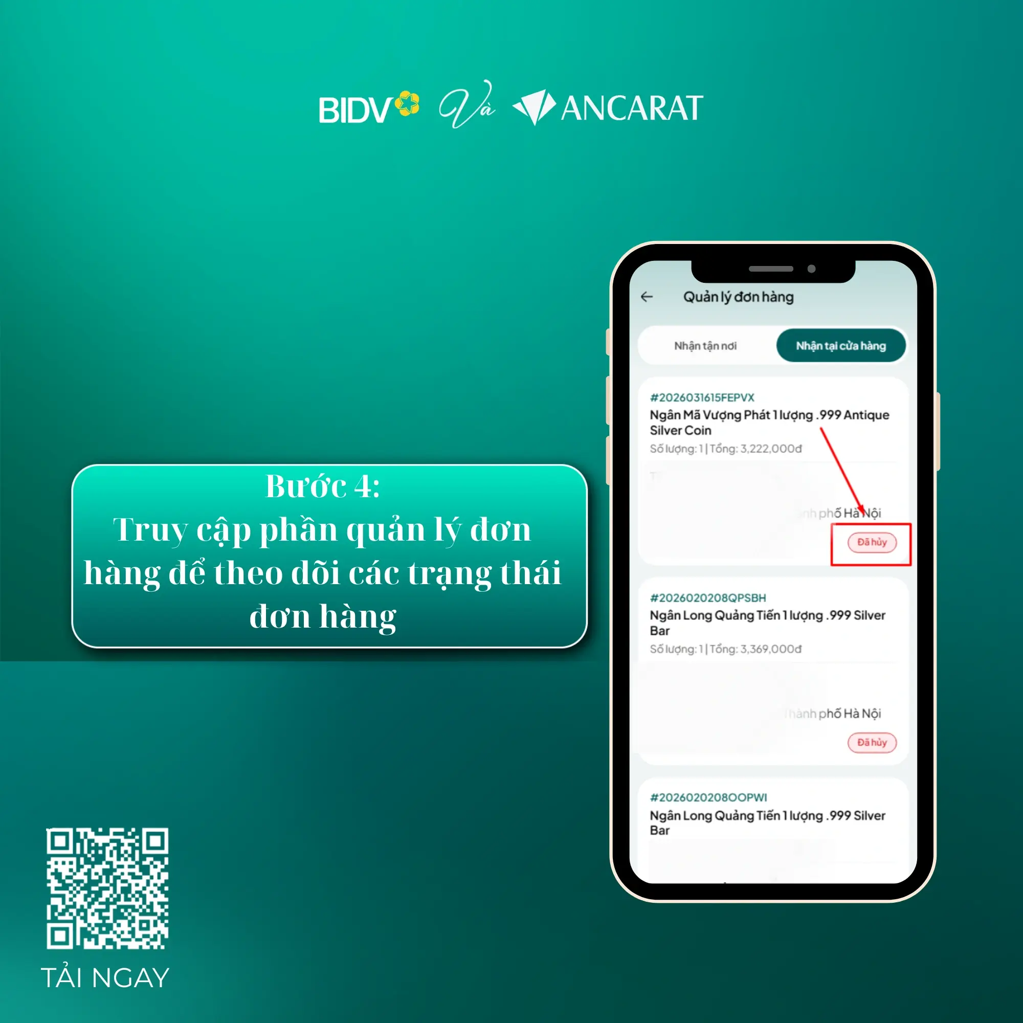 Màn hình "Quản lý đơn hàng". Tại đây hiển thị danh sách các đơn hàng Quý khách đã đặt kèm trạng thái chi tiết (ví dụ: Đã hủy) để dễ dàng theo dõi. Màn hình "Quản lý đơn hàng". Tại đây hiển thị danh sách các đơn hàng Quý khách đã đặt kèm trạng thái chi tiết (ví dụ: Đã hủy) để dễ dàng theo dõi.