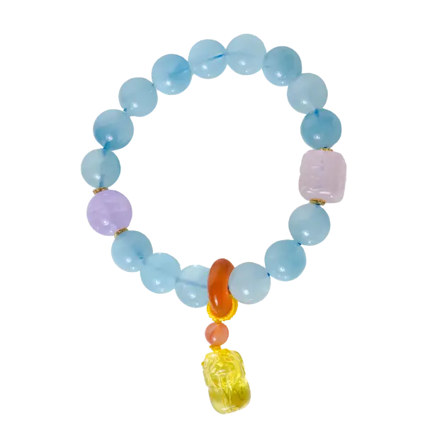 Vòng tay đá aquamarine mix tỳ hưu đá thạch anh vàng