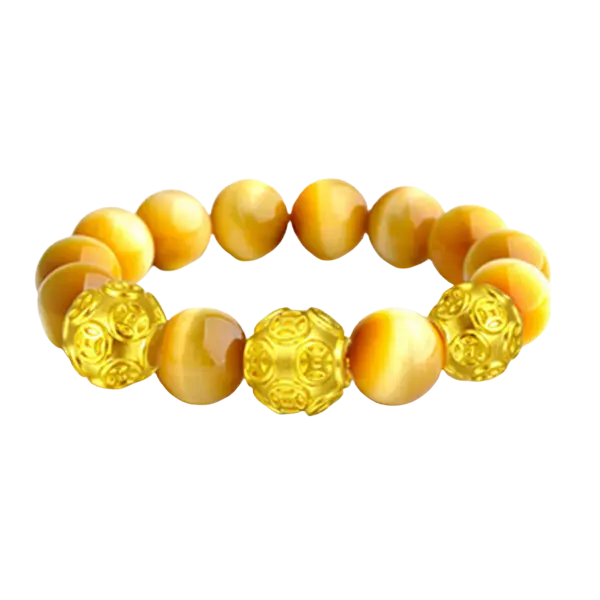 Vòng Tay Đá Mắt Hổ Mix Vàng 24k Hột Kim Tiền