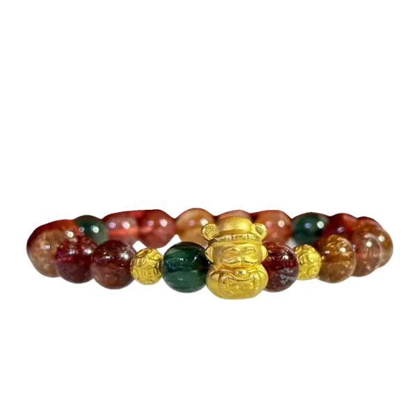 Vòng tay đá thạch anh tóc tam tài phối charm Thần Tài mix hột tròn kim tiền