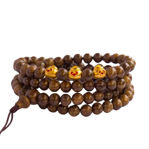 Vòng Trầm 108 Hạt Mix Charm Vàng 24k Túi Tiền May Mắn Tài Lộc