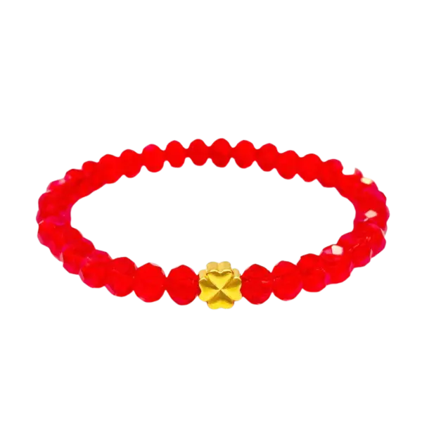 Vòng đá Pha lê Đỏ mix Charm Vàng 24K Cỏ 4 lá MS01 Size XS