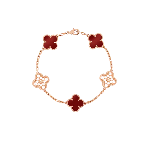 Lắc tay Vàng 18K Golden Leaf 5 hoa 15mm đính đá – Đỏ