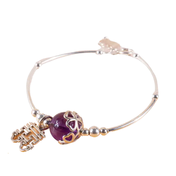 Vòng tay bạc đá thạch anh tím mix charm bạc phong thủy – tình duyên