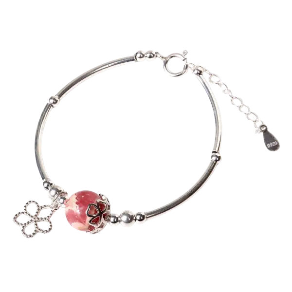 Vòng tay bạc phối đá đào hoa mix bạc