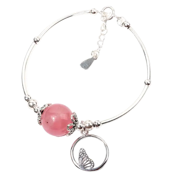 Vòng tay bạc phối đá thạch anh hồng 1 hạt mix bạc