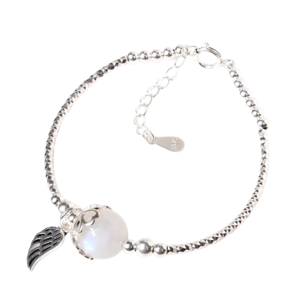 Vòng tay đá moonstone phối charm bạc đôi cánh mix bạc