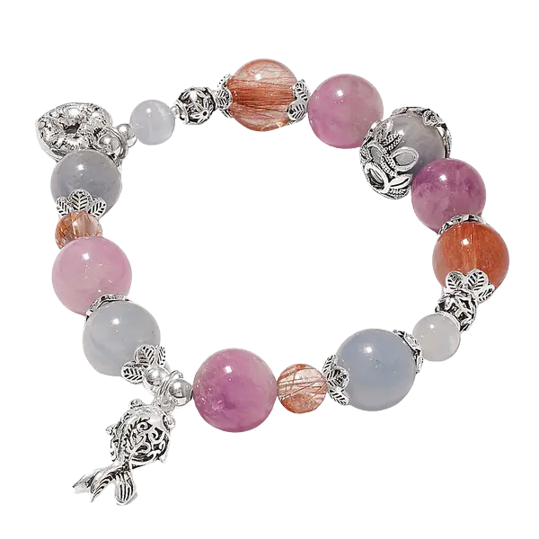 Vòng tay đá thạch anh đa sắc phối charm bạc cá