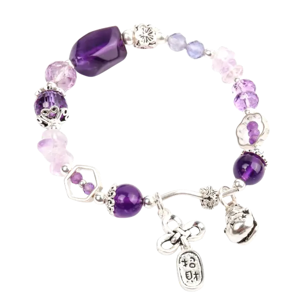 Vòng tay đá thạch anh tím phối mèo chiêu tài mix bạc