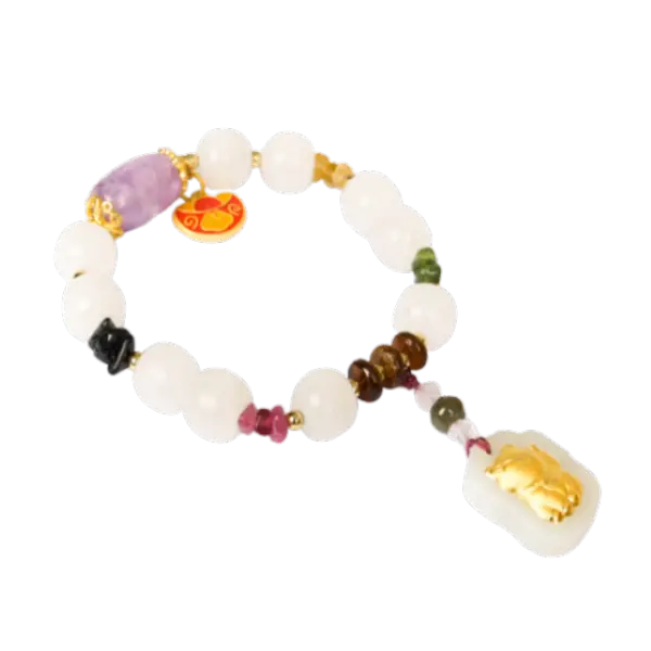 Vòng tay đá thạch anh tím trụ phối ngọc hòa điền mix bạc