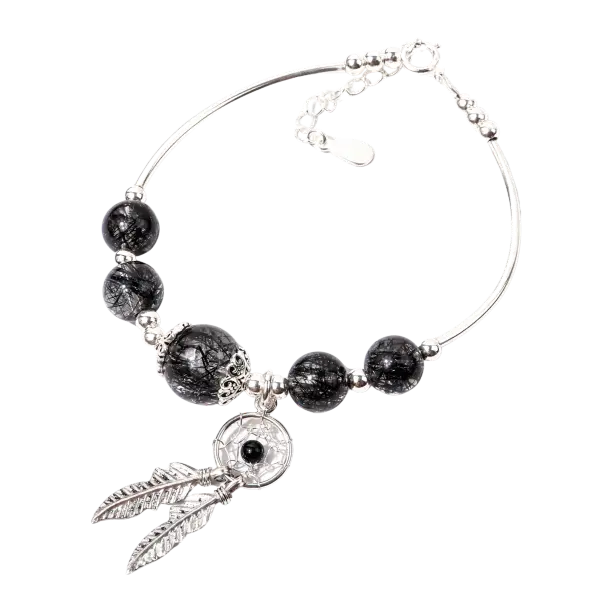 Vòng tay đá thạch anh tóc đen phối chuông gió mix bạc