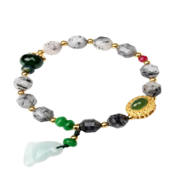 Vòng tay đá thạch anh tóc đen phối mix bạc