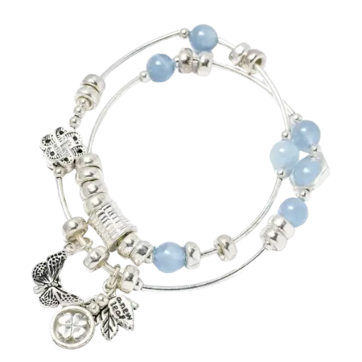 Vòng tay đá Aquamarine phối charm cỏ 4 lá
