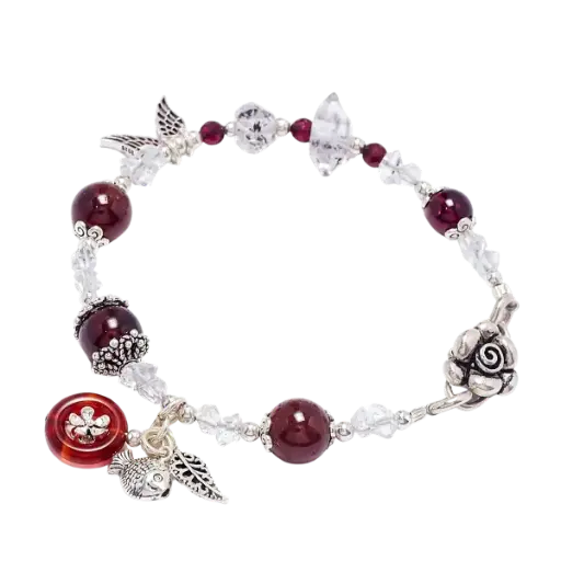 Vòng tay đá garnet phối charm bạc cá chép