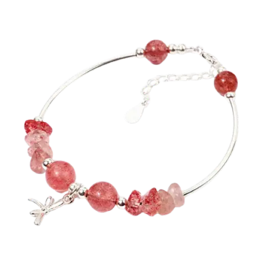 Vòng tay đá thạch anh dâu phối chuồn chuồn bạc