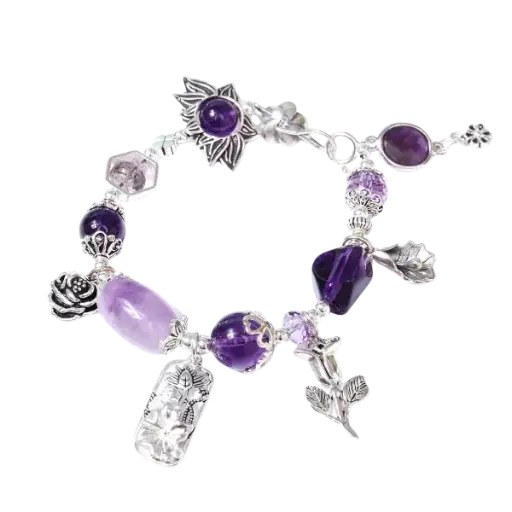 Vòng tay đá thạch anh tím phối hoa hướng dương mix bạc