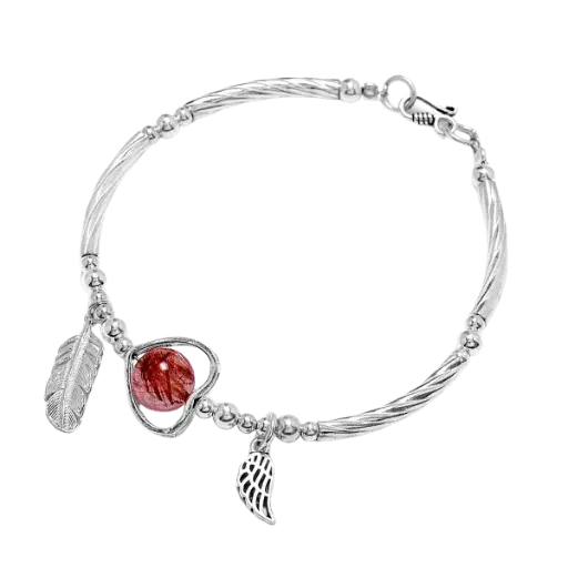 Vòng tay đá Thạch anh Tóc đỏ 1 hạt phối lông vũ mix bạc