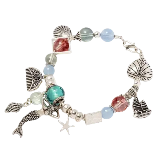 Vòng tay đá Ưu linh đỏ và Aquamarine phối charm nàng tiên cá