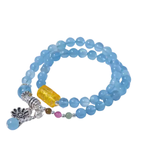 Vòng tay bạc hoa mix đá aquamarine