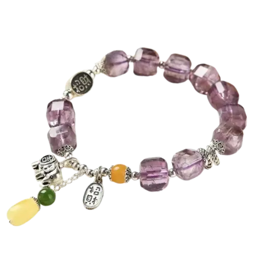 Vòng tay bạc may mắn bình an thạch anh tím cắt giác