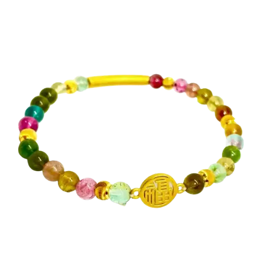 [ADV.000.0900] Vòng Đá Tourmaline 4mm phối Lắc trơn mix Mặt dây Búp sen Đài sen