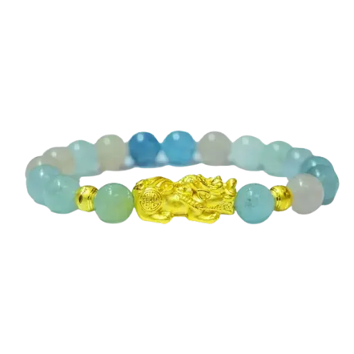 Vòng tay đá Aquamarine phối charm tỳ hưu và bi khắc máy – May mắn – Tiền tài