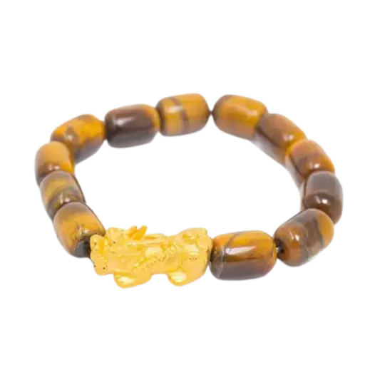 Vòng tay đá mắt hổ 3A vàng sậm trụ mix vàng 24k tỳ hưu – May mắn – Tài lộc