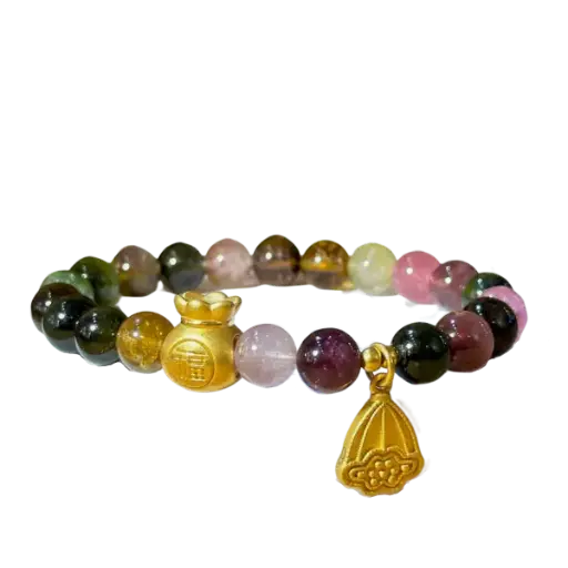Vòng Tourmaline phối Bao đựng tiền mix mặt dây đài sen may mắn