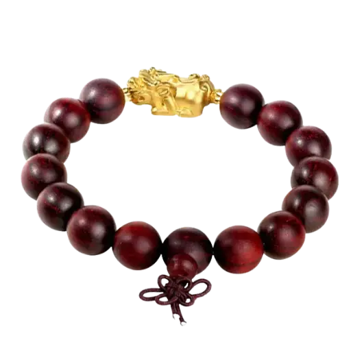 Vòng Gỗ phối Charm Tỳ hưu Tụ Lộc vàng 24K – Tiền tài – May mắn