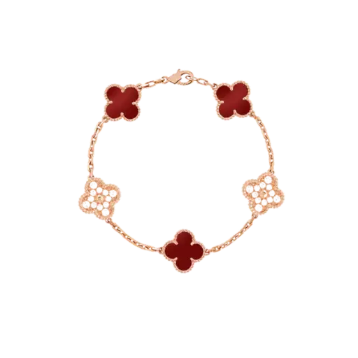 [AG7502.L168.520H1] Lắc tay Vàng 18K Golden Leaf 5 hoa 15mm đính đá – Bản dày – Đỏ