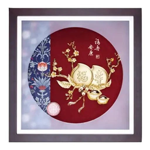 [AO9992.Q233.T001] Tranh Mạ Vàng 24K Song Hỷ Trường Thọ